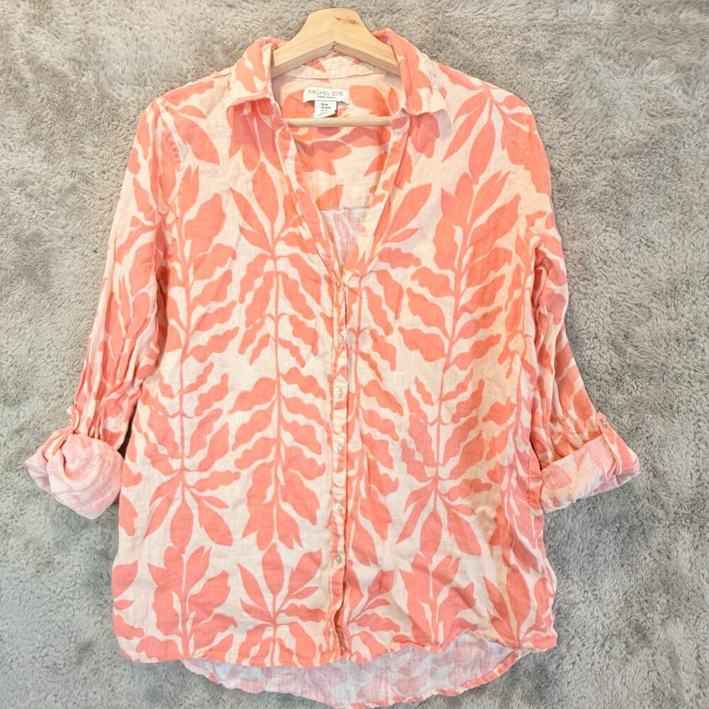 Rachel Zoe 100% Linen Button Down Tunic Top Shirt Peach Pink Orange M Medium